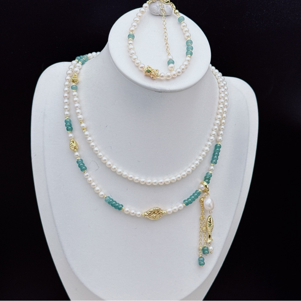 X668 Handmade High Quality Freshwater Pearl Jade Long Necklace and Bracelet Set - Picture 9 of 11